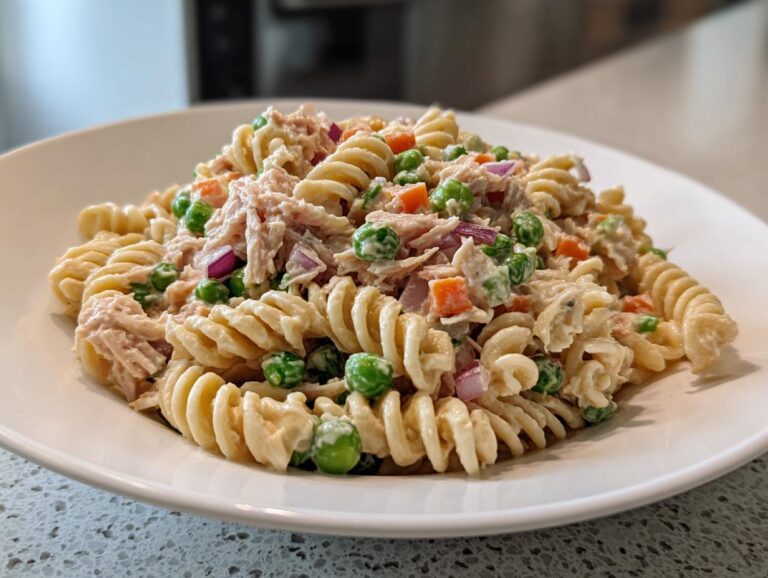 A close-up of creamy Tuna pasta salad mixed with rotini pasta, green peas, diced carrots, and red onion on a white plate.