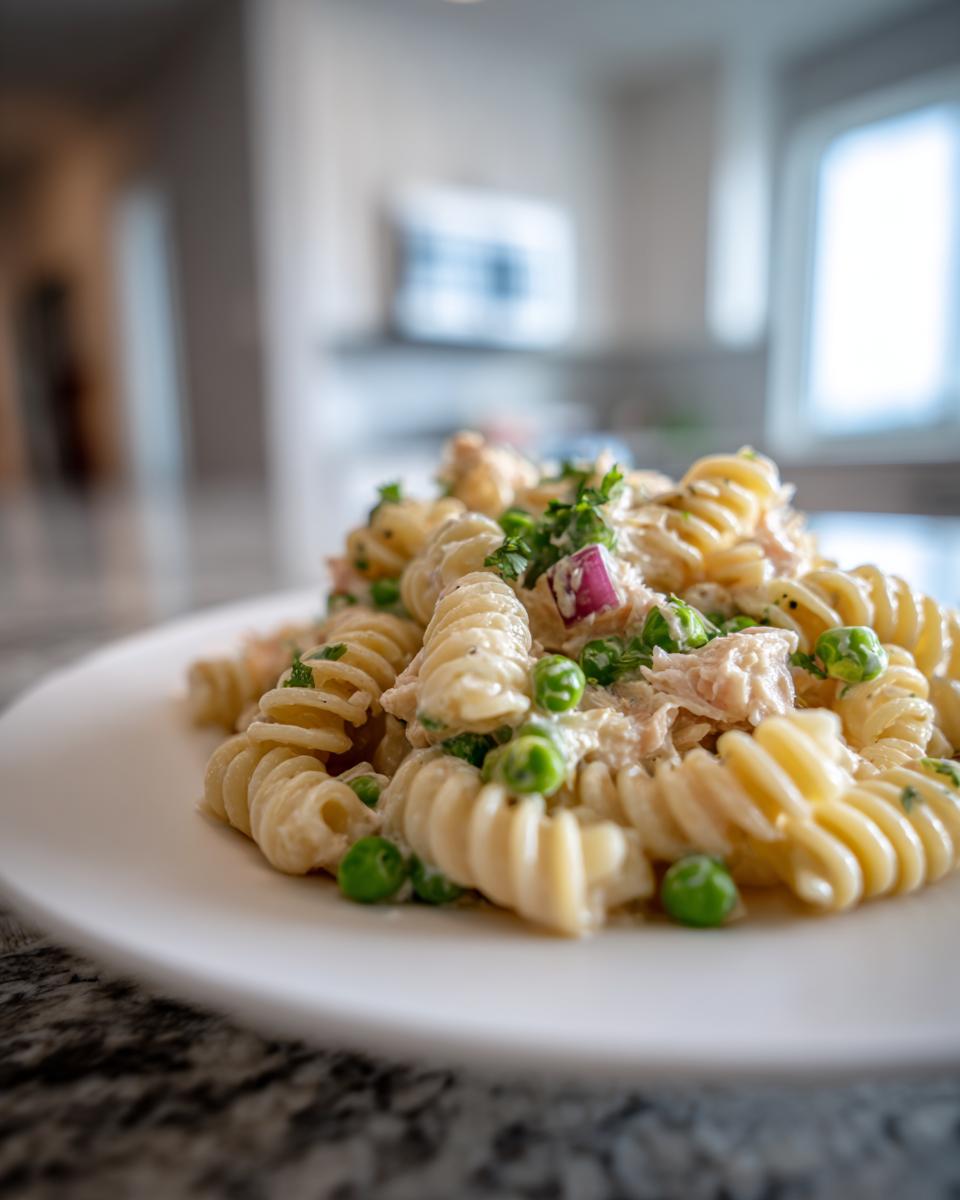 Close-up of a creamy tuna pasta salad made with fusilli pasta, green peas, red onion, and parsley on a white plate.