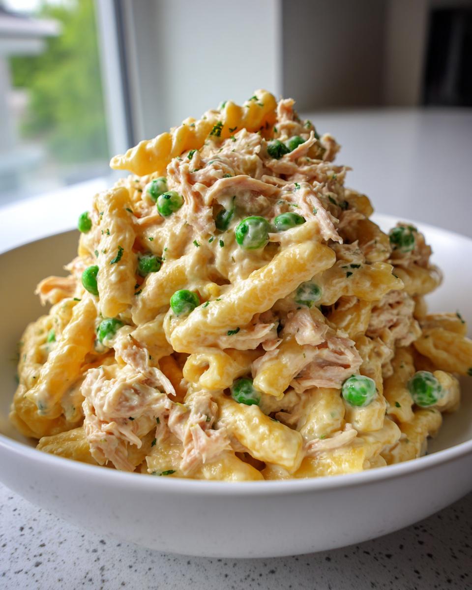 A generous serving of creamy tuna pasta mixed with bright green peas, piled high in a white bowl.