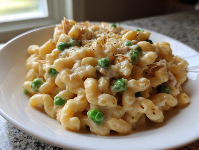 Close-up of creamy tuna pasta mixed with bright green peas, served in a white bowl.