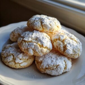 A stack of freshly baked cool whip cookies heavily dusted with white powdered sugar on a white plate.