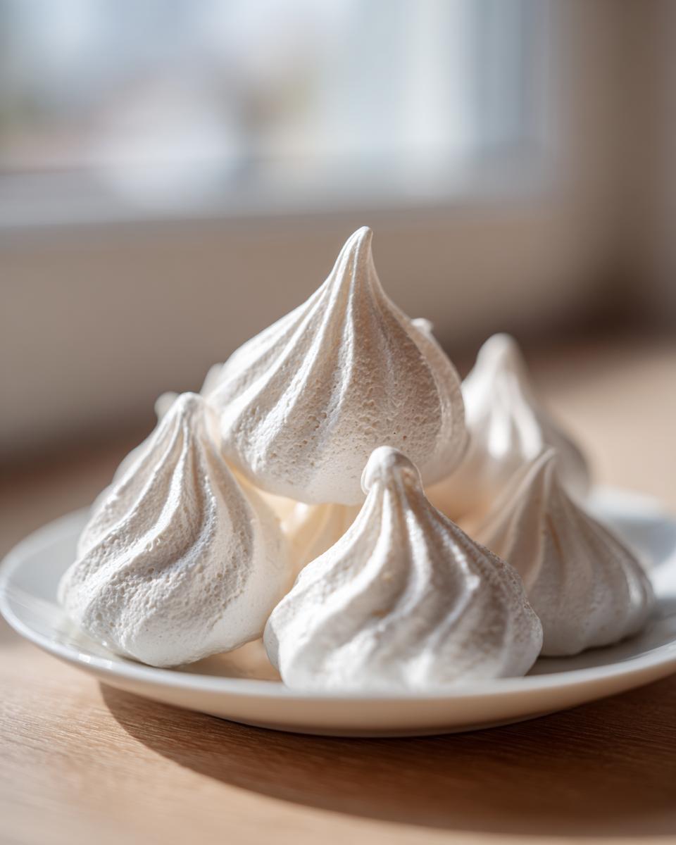 A close-up of several crisp, white meringue cookies piped into sharp peaks, piled on a small white plate.