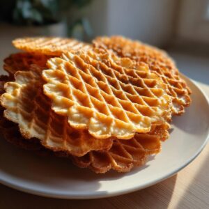 A stack of freshly made, golden brown pizzelle cookies with a distinct waffle pattern resting on a white plate.