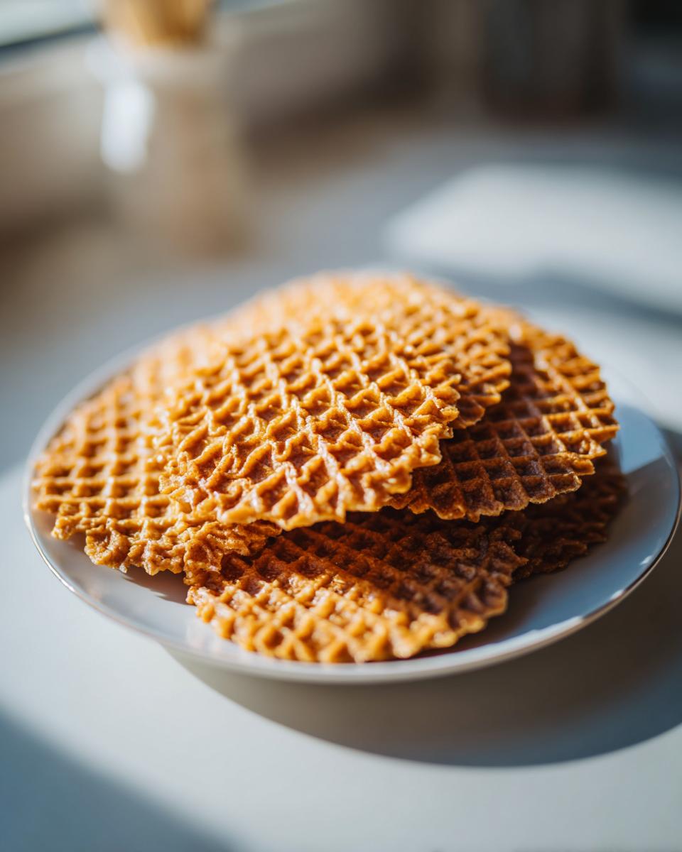 A close-up photo of a stack of golden brown, crisp pizzelle cookies with a waffle pattern on a light blue plate.