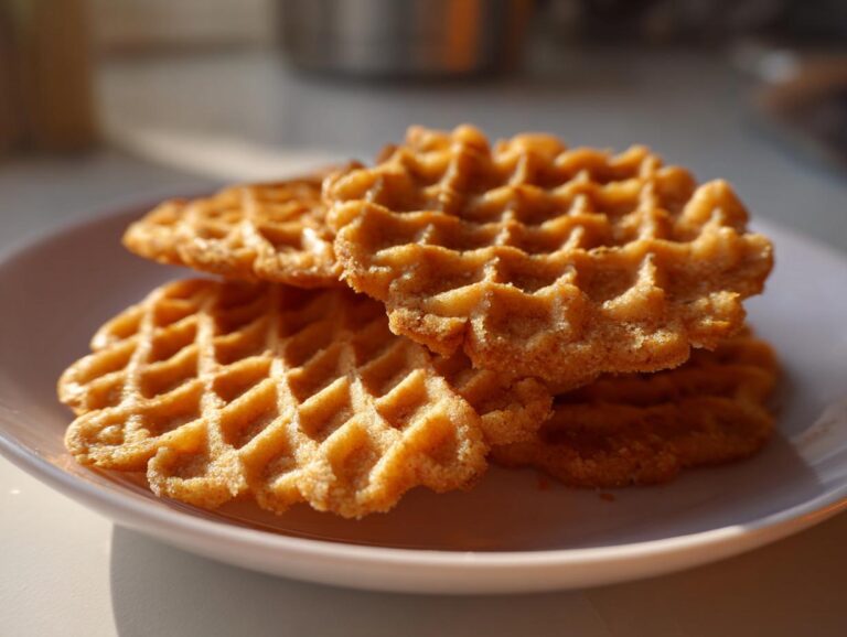 A close-up stack of golden brown, crisp pizzelle cookies resting on a white plate, highlighted by sunlight.