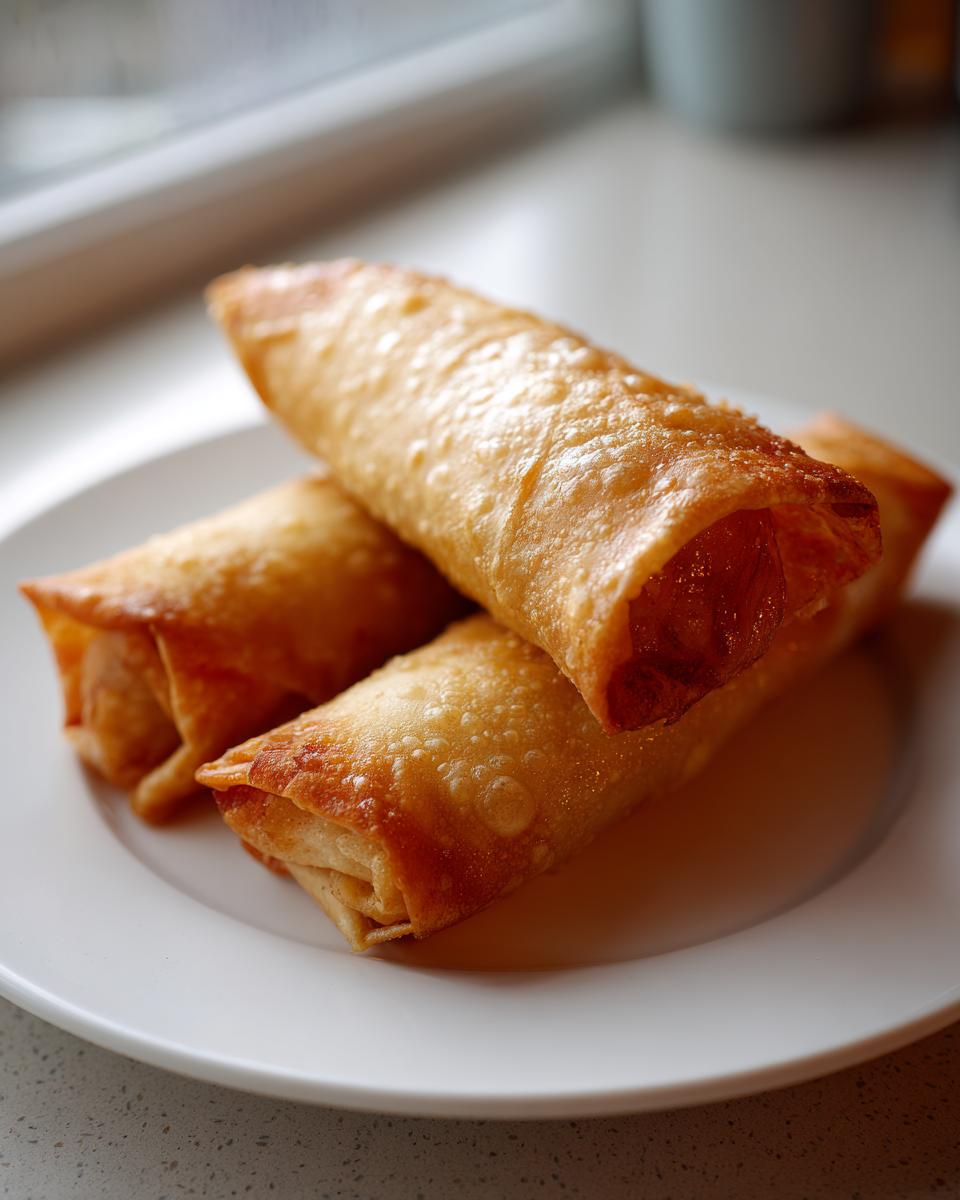 Close-up of three golden-brown, crispy Baked Chicken Chimichangas stacked on a white plate.