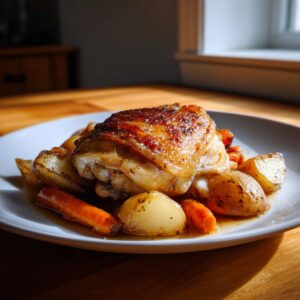 A single serving of braised chicken thighs with crispy skin, served alongside roasted potatoes and carrots in a savory sauce.