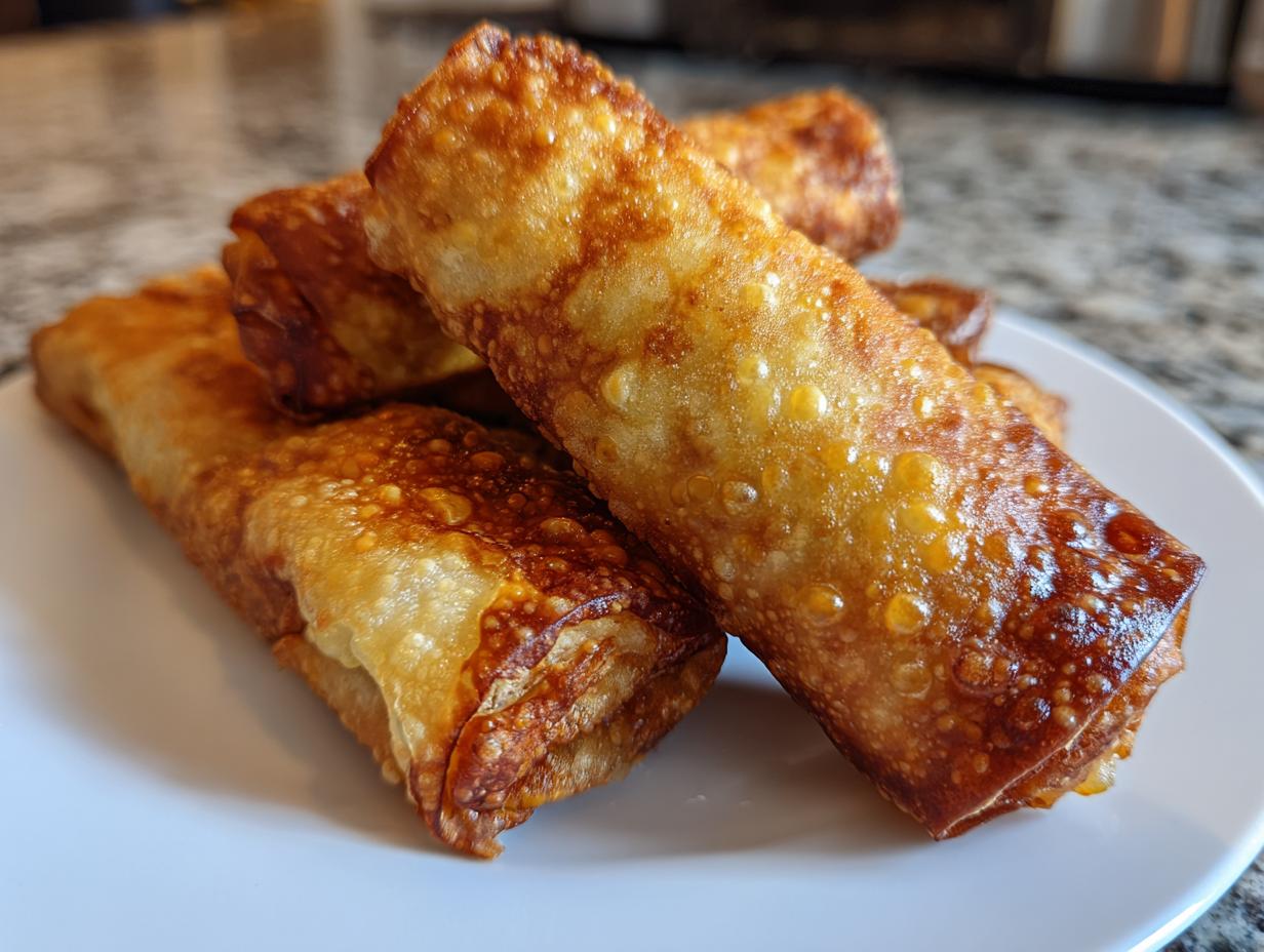 Close-up of several perfectly crispy, golden brown egg roll appetizers stacked on a white plate.