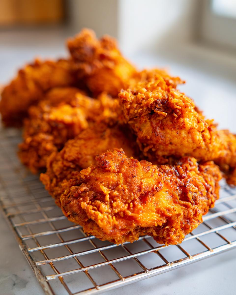 Close-up of several pieces of perfectly cooked, crispy fried chicken resting on a metal cooling rack.