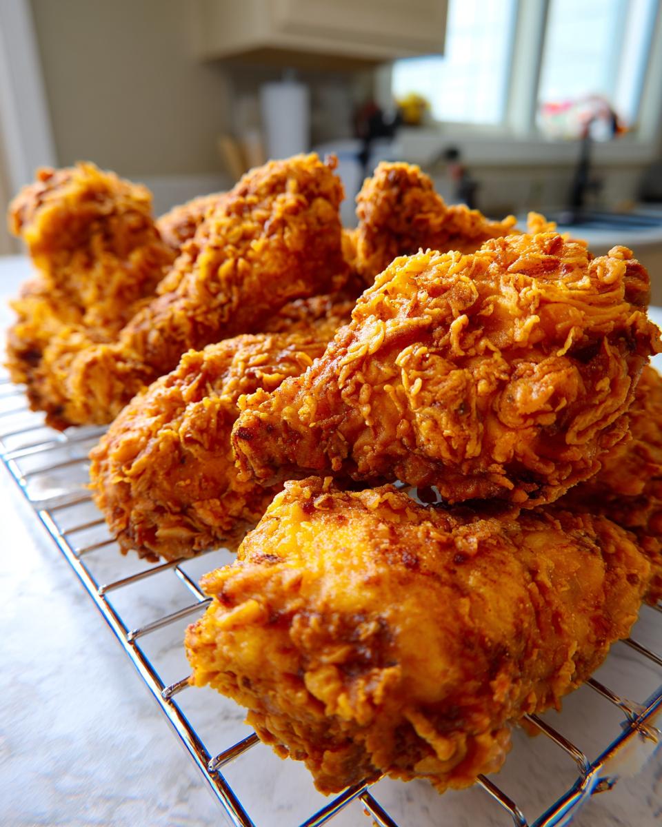 Close-up of several pieces of perfectly cooked, crispy fried chicken resting on a wire cooling rack.