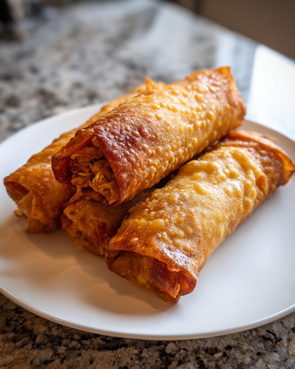Three golden brown, crispy fried egg roll appetizers stacked on a white plate.