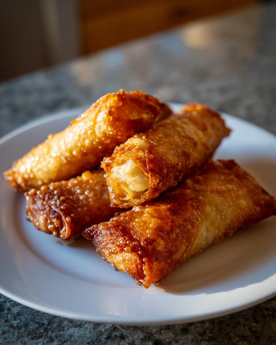 Four perfectly golden brown and crispy fried egg roll appetizers stacked on a white plate.