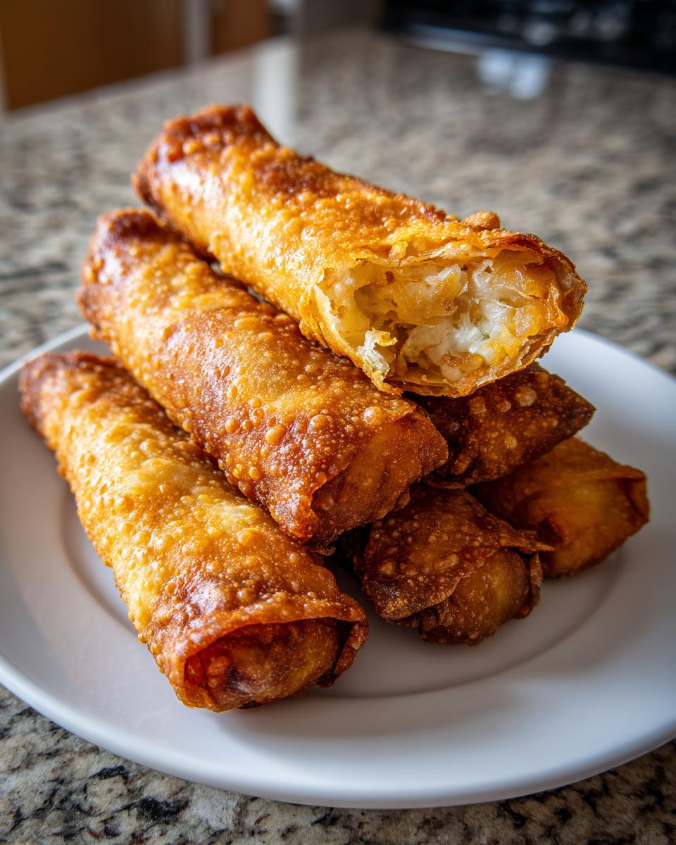 Stack of golden brown, crispy fried egg roll appetizers, one broken open to show the filling.
