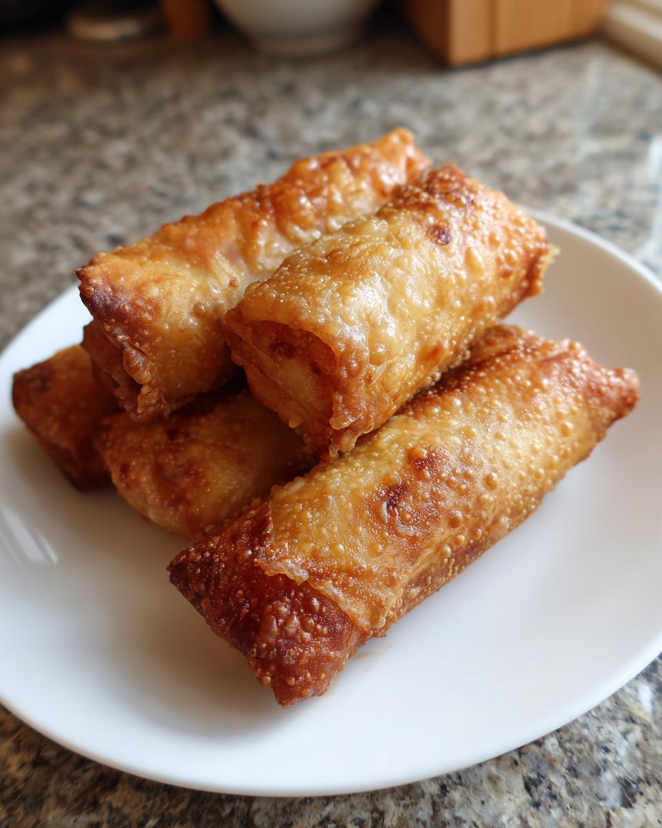 A stack of four golden brown, crispy fried egg roll appetizers resting on a white plate.