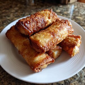 A stack of golden brown, crispy fried egg roll appetizers piled on a white plate.