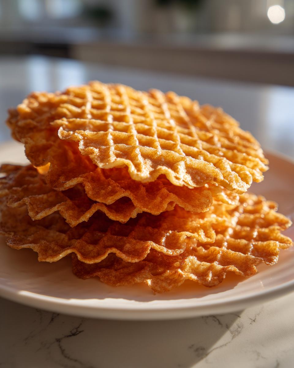 A close-up stack of golden brown, crispy pizzelle cookies with a distinct waffle pattern resting on a white plate.