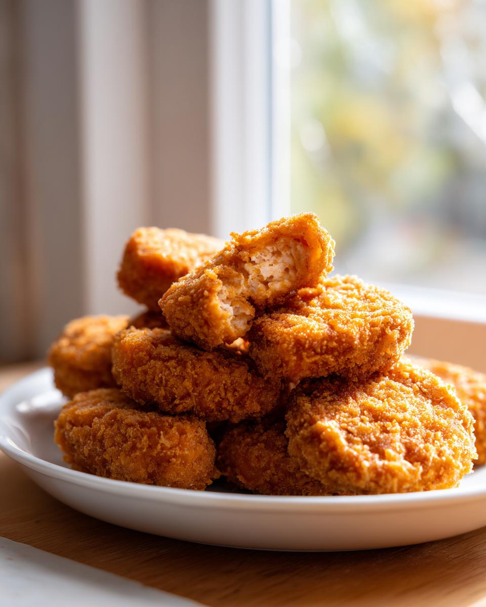 A stack of golden brown, crispy homemade chicken nuggets on a white plate, with one nugget broken open showing the interior texture.