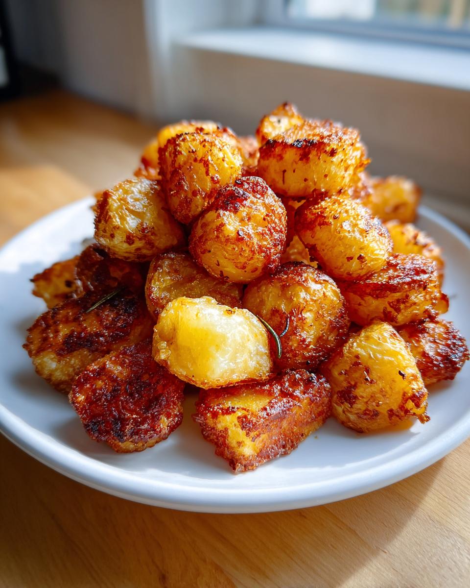 A mound of golden brown, crispy oven roasted potatoes seasoned with herbs on a white plate.
