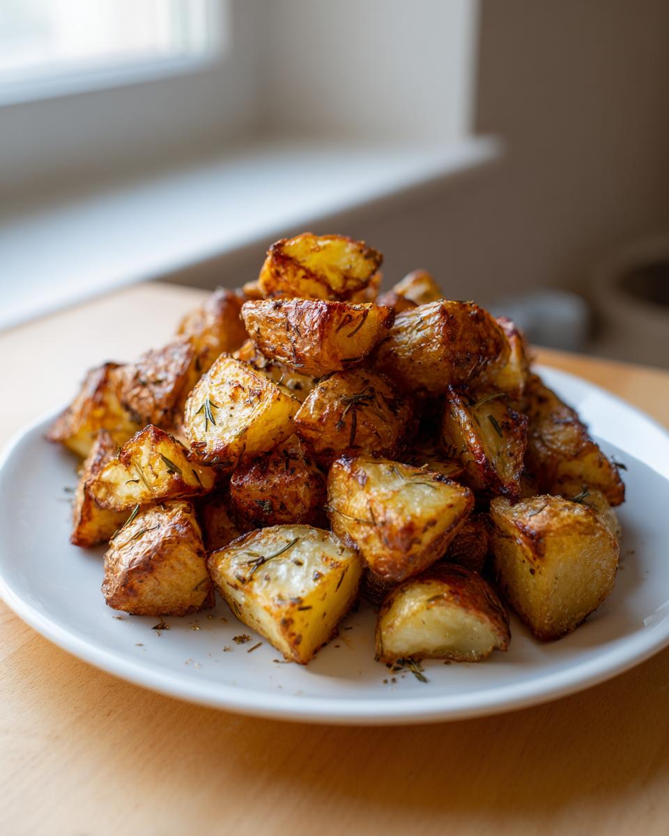 A mound of golden brown, crispy oven roasted potatoes seasoned with rosemary on a white plate.