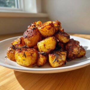 A pile of golden brown, crispy oven roasted potatoes seasoned with rosemary on a white plate.