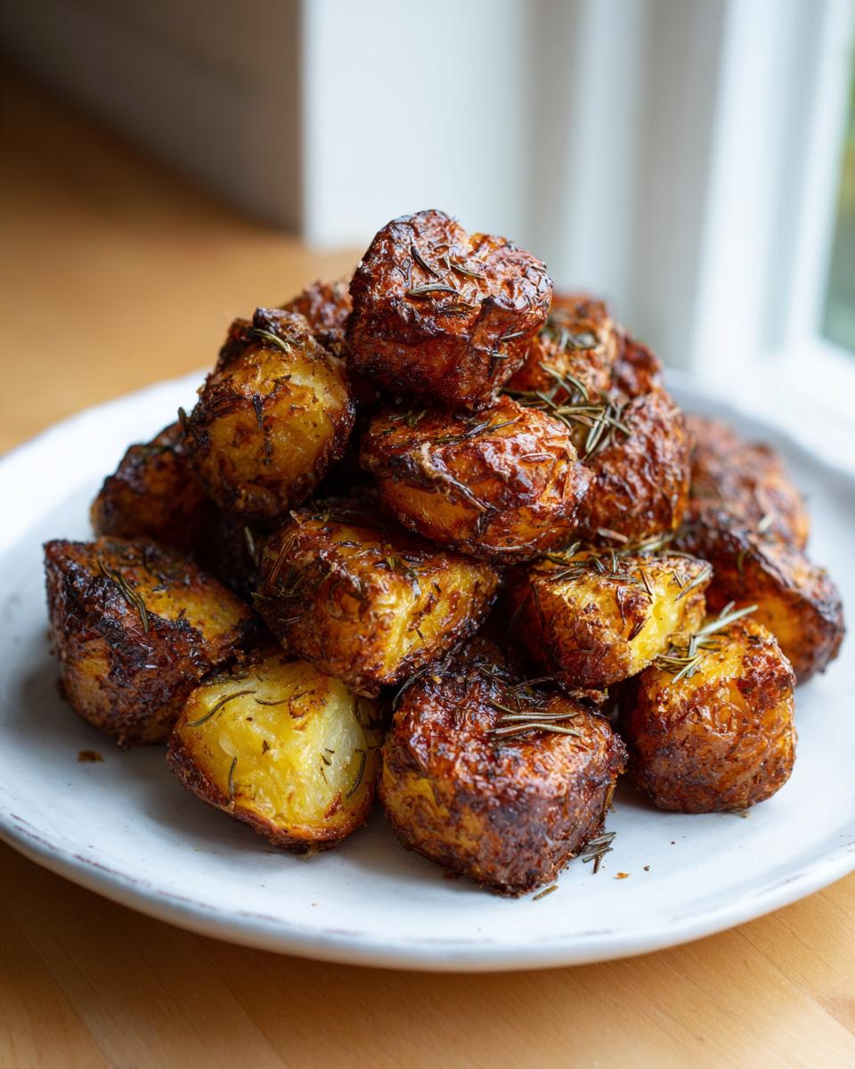 A mound of golden brown, crispy oven roasted potatoes seasoned with rosemary on a white plate.
