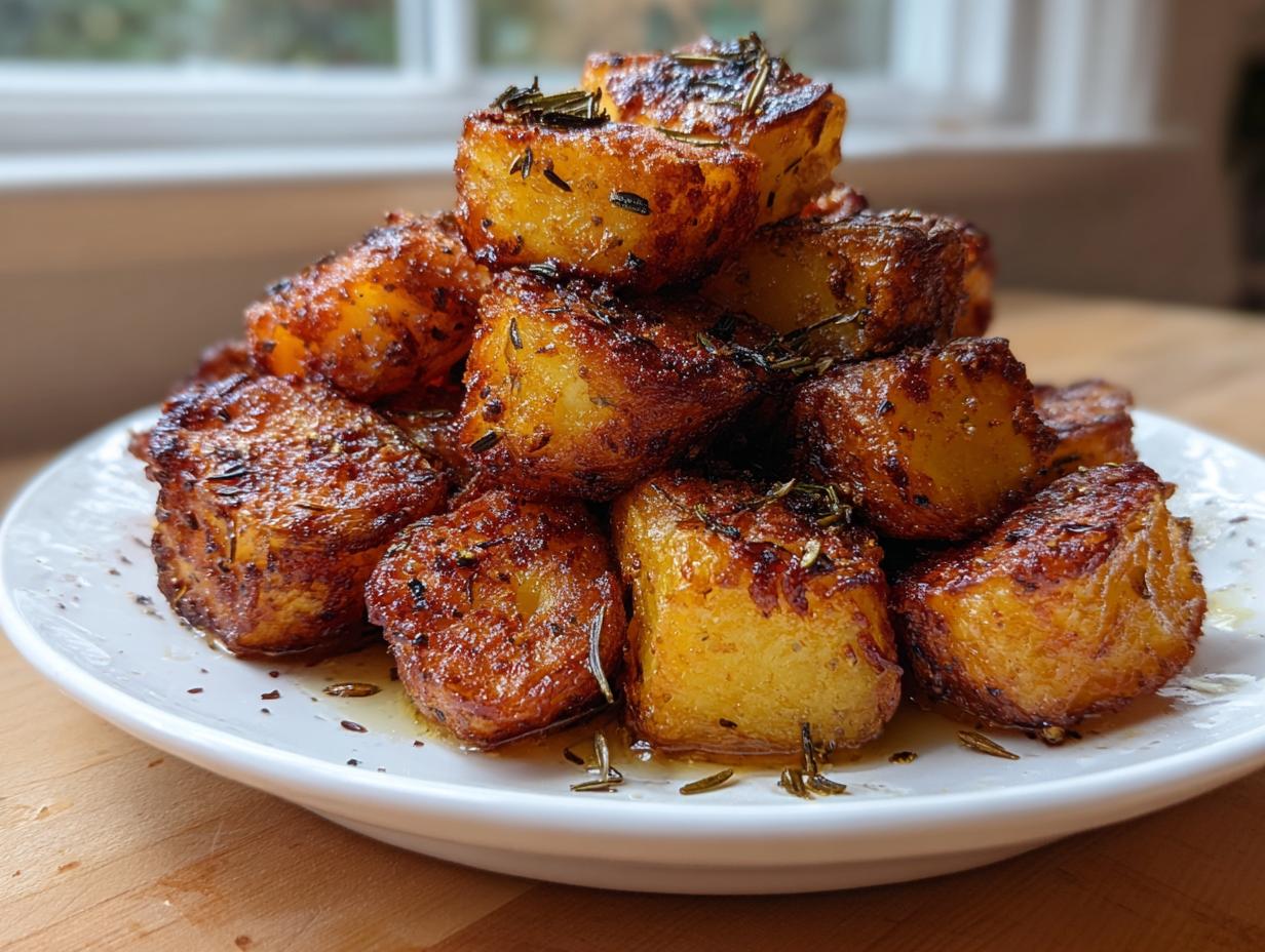 A mound of golden brown, crispy oven roasted potatoes seasoned with rosemary on a white plate.