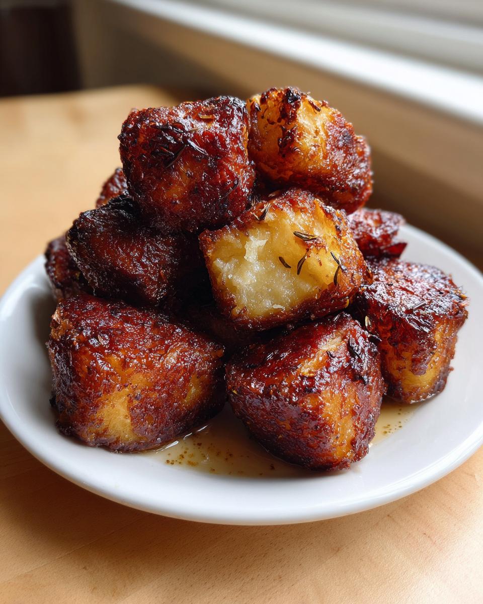 A close-up of perfectly crispy, golden-brown oven roasted potatoes seasoned with herbs, piled high on a white plate.