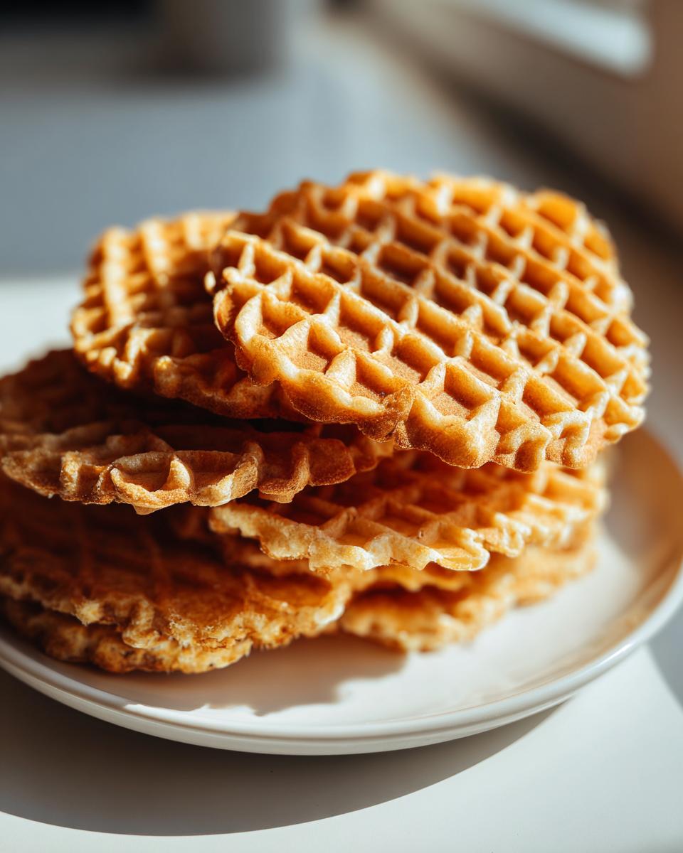 A close-up stack of golden brown, crisp pizzelle cookies with a distinct waffle pattern, illuminated by sunlight.