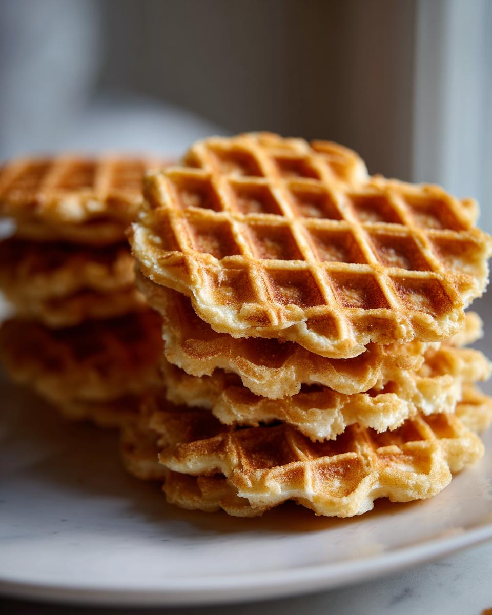 Close-up of a stack of golden brown, crisp pizzelle cookies showing their distinct waffle pattern.