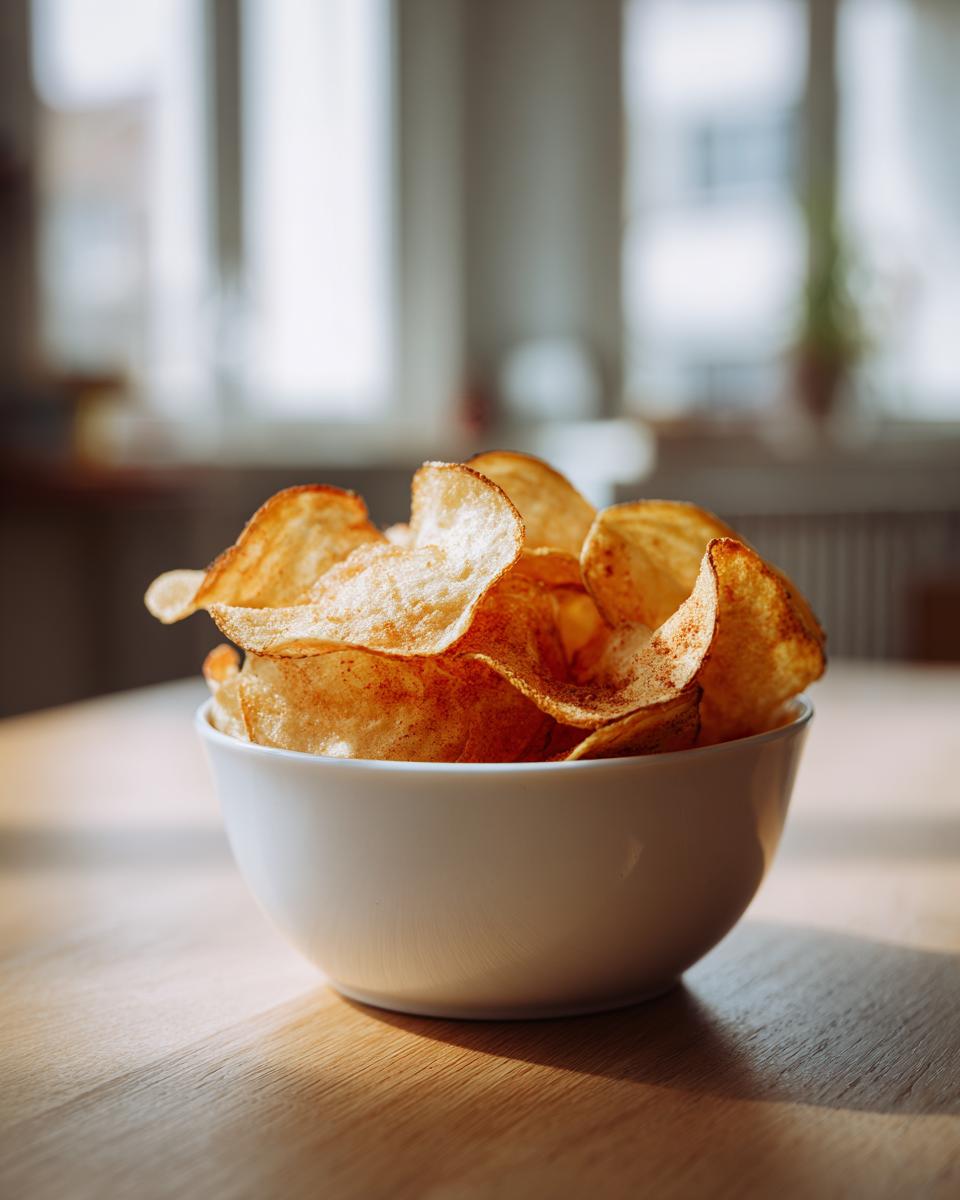 A white bowl filled with golden, crispy homemade potato chips seasoned with paprika, sitting on a wooden table.