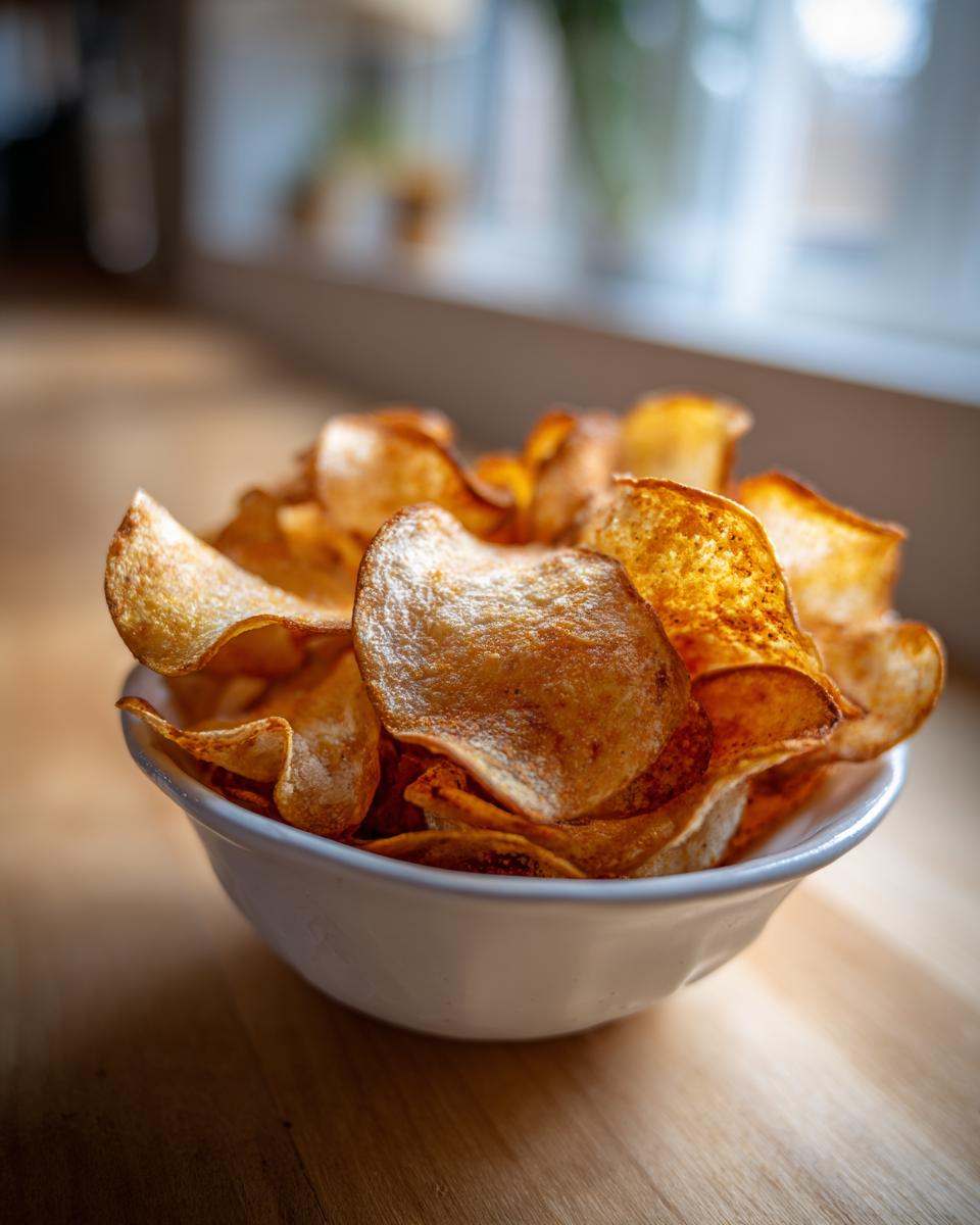 A white bowl overflowing with golden brown, crispy homemade potato chips resting on a wooden surface.