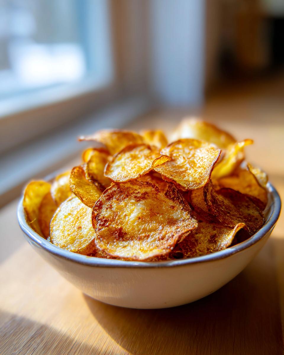 A close-up of a white bowl filled with golden, homemade potato chips, brightly lit by natural window light.