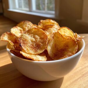 Close-up of a white bowl overflowing with golden, crispy homemade potato chips, backlit by a window.