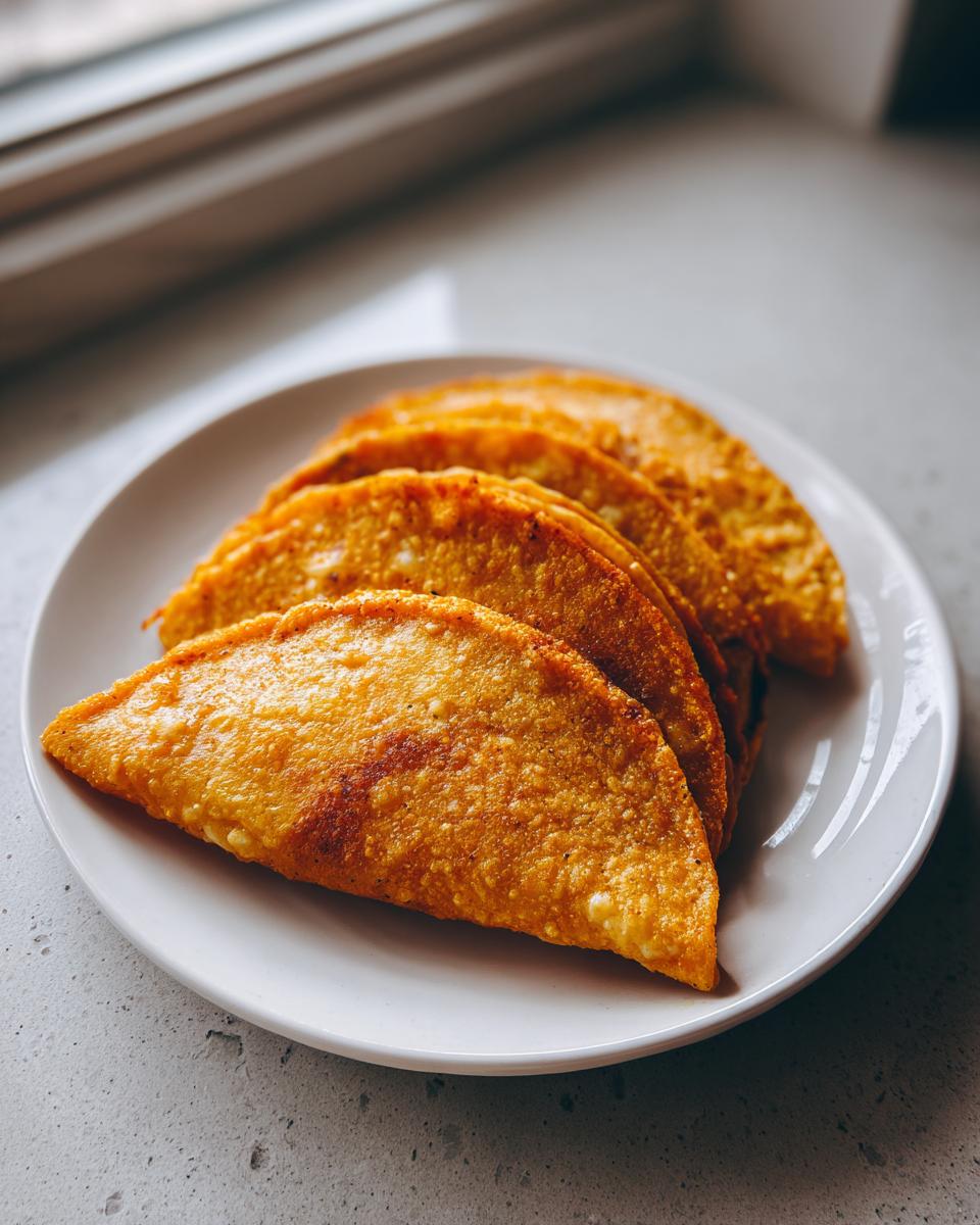 A stack of golden, crispy fried potato tacos served on a white plate near a window.