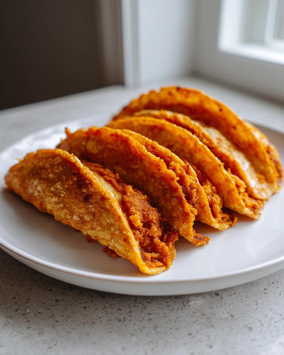 A row of four crispy, golden-brown potato tacos filled with seasoned potato mash, served on a white plate.