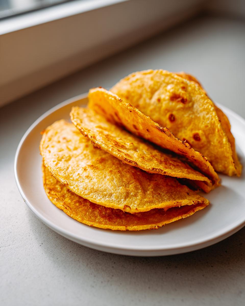 Three golden, crispy potato tacos stacked on a white plate near a window.