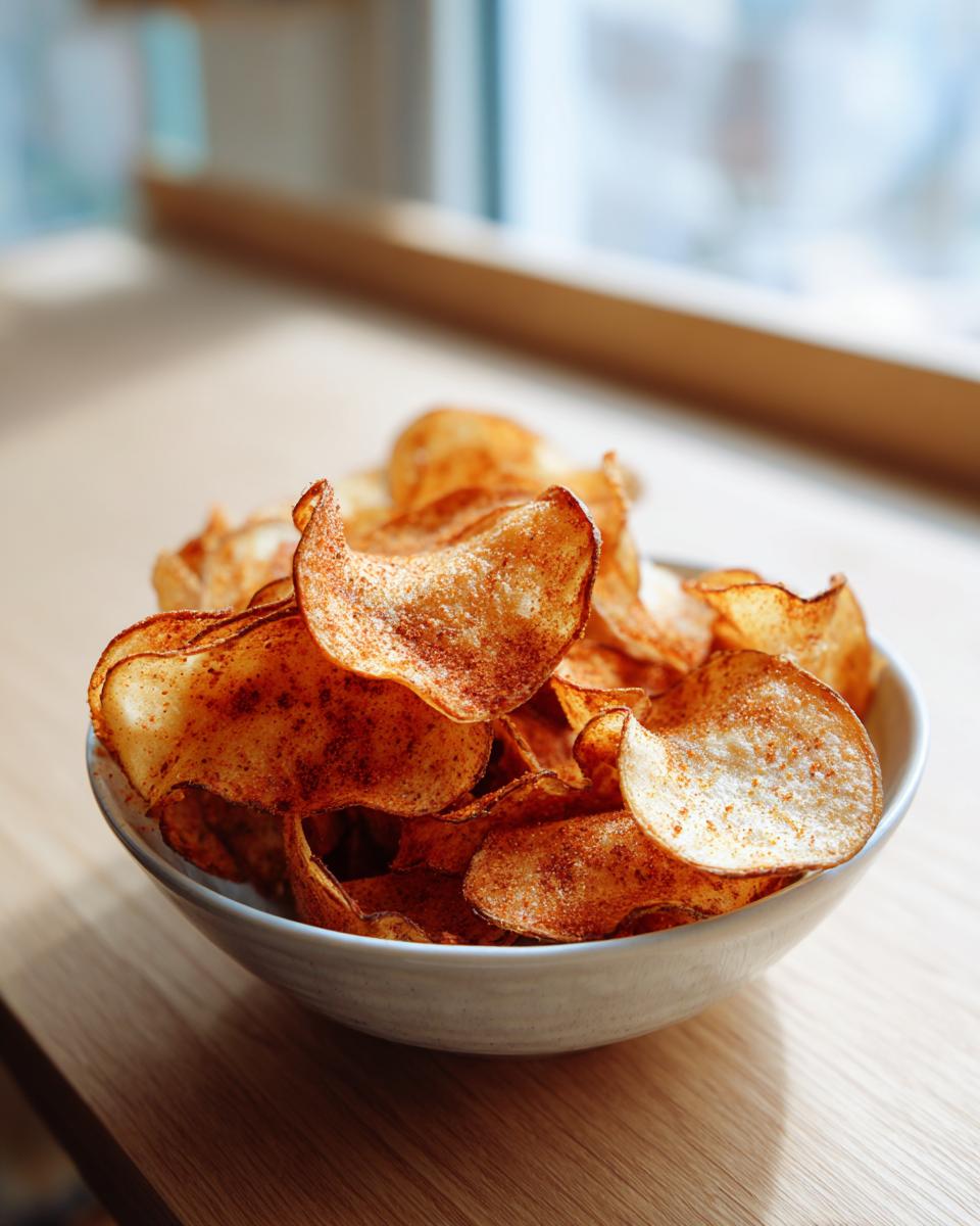 A white bowl filled with freshly made, crispy potato chips seasoned with paprika or chili powder.