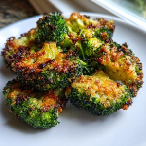 Close-up of perfectly roasted and crispy smashed broccoli with a golden, cheesy crust served on a white plate.