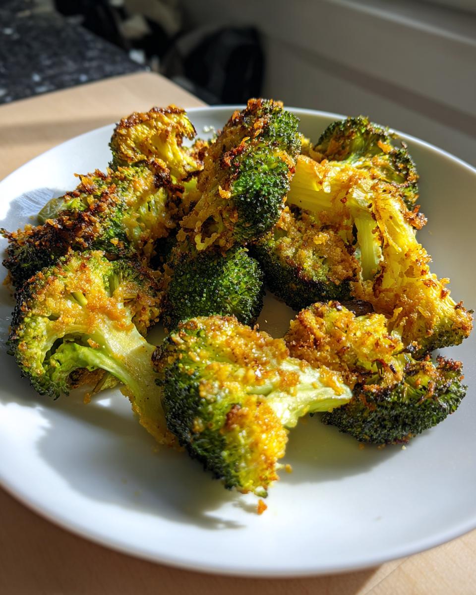Close-up of crispy, golden-brown smashed broccoli florets served on a white plate.