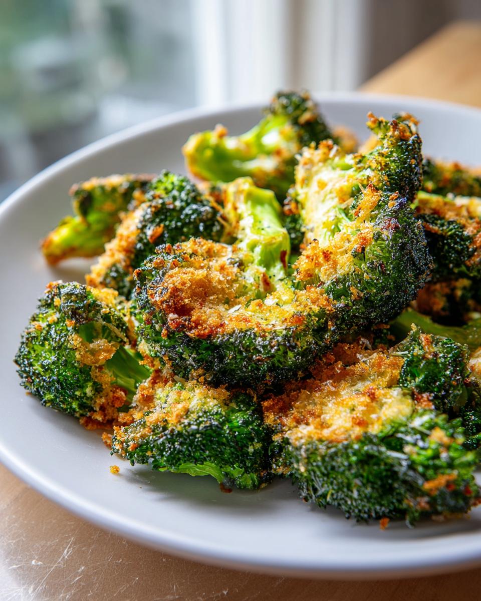 Close-up of perfectly cooked smashed broccoli florets with a golden, crispy breadcrumb topping served on a white plate.