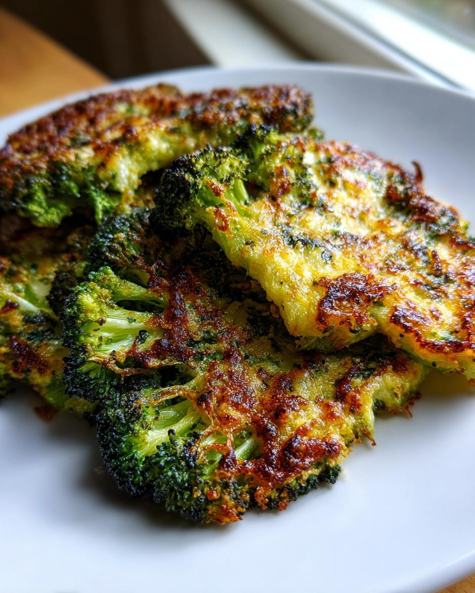 Close-up of crispy, pan-fried smashed broccoli pieces with golden-brown, cheesy edges served on a white plate.