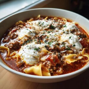 Close-up of a bowl of rich crockpot lasagna soup topped with dollops of ricotta, parmesan, and herbs.