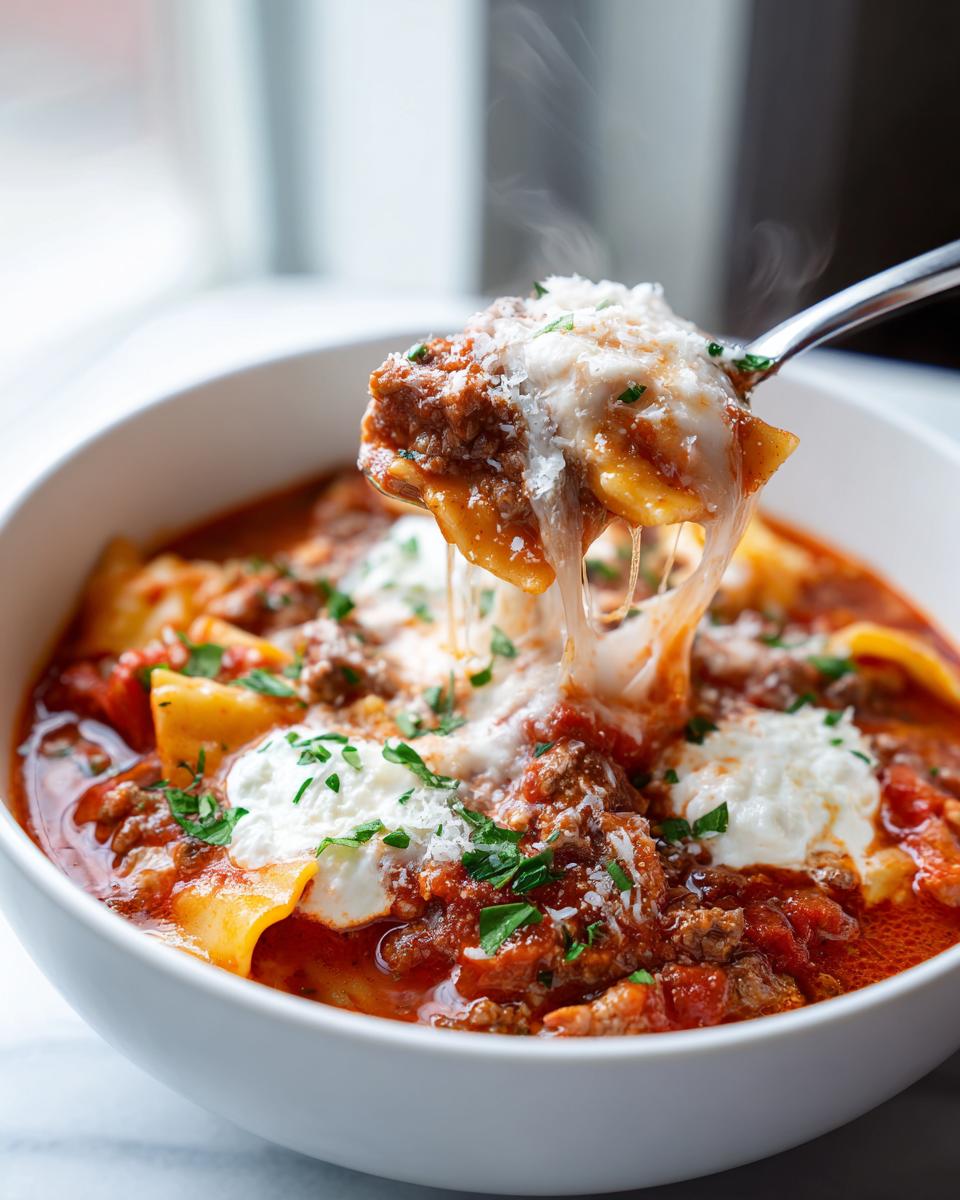 A spoonful of hot crockpot lasagna soup showing melted cheese pull, meat sauce, and pasta.