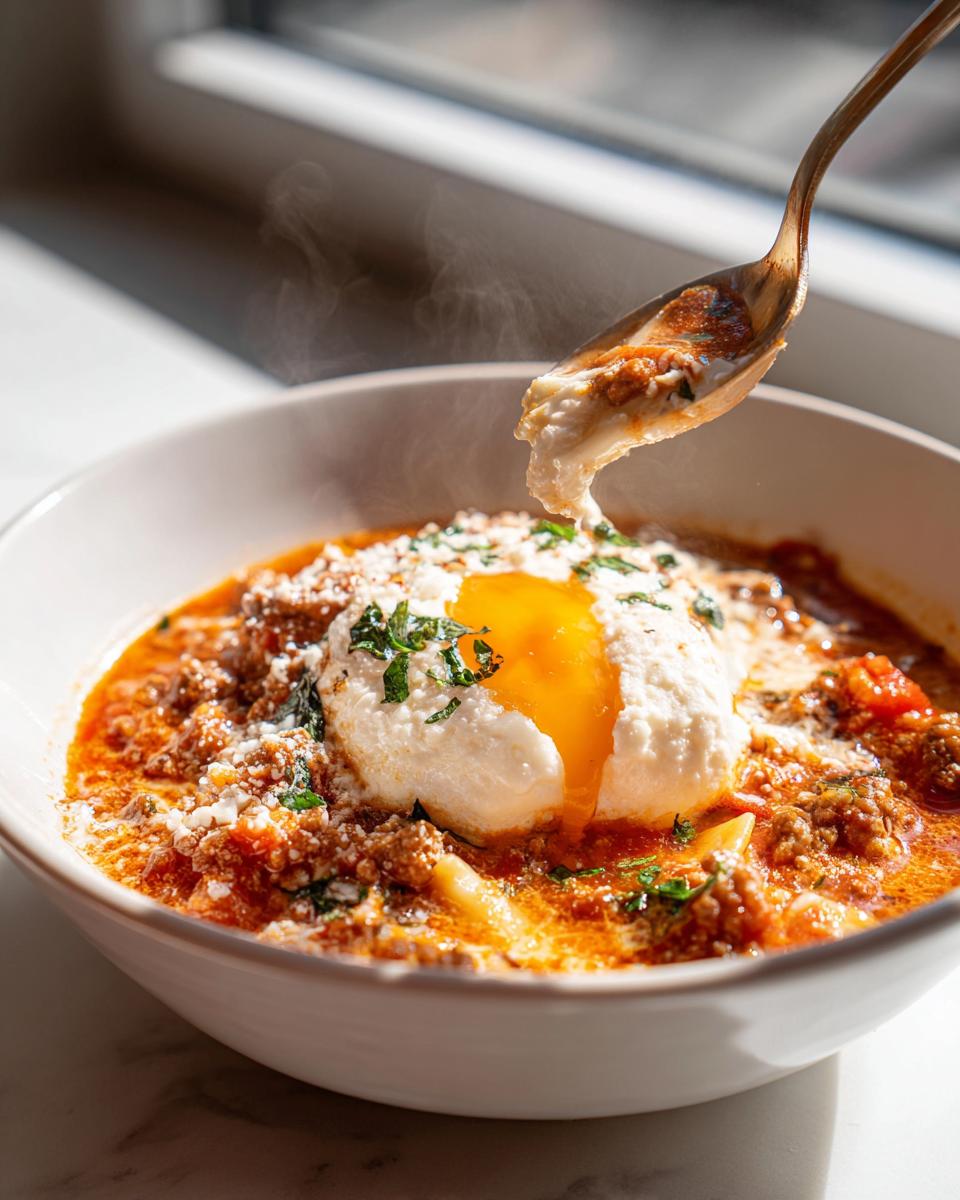 A close-up of hot crockpot lasagna soup topped with a poached egg, ricotta, and herbs, with steam rising.