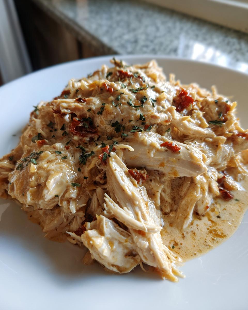 Close-up of creamy, shredded crockpot marry me chicken topped with sun-dried tomatoes and parsley.