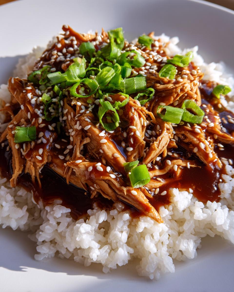 Close-up of shredded crockpot teriyaki chicken glazed with sauce, served over white rice and topped with sesame seeds and green onions.
