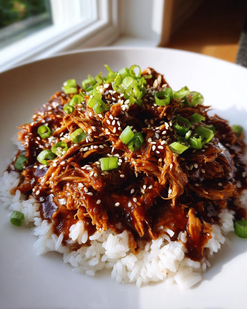A bowl of shredded crockpot teriyaki chicken covered in sauce, served over white rice and topped with green onions and sesame seeds.