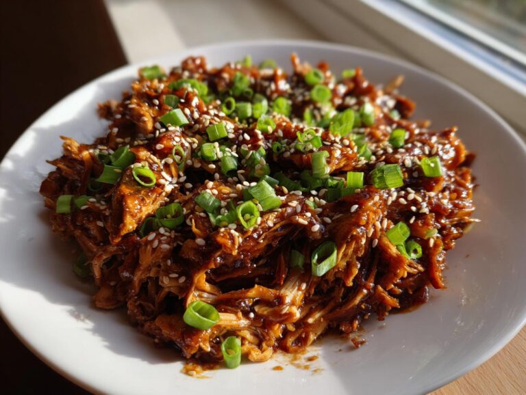 A plate of shredded crockpot teriyaki chicken coated in glossy sauce, topped with chopped green onions and sesame seeds.
