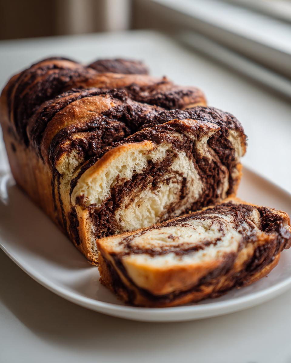 A freshly baked chocolate babka loaf, partially sliced, showing rich chocolate swirls inside the sweet bread.