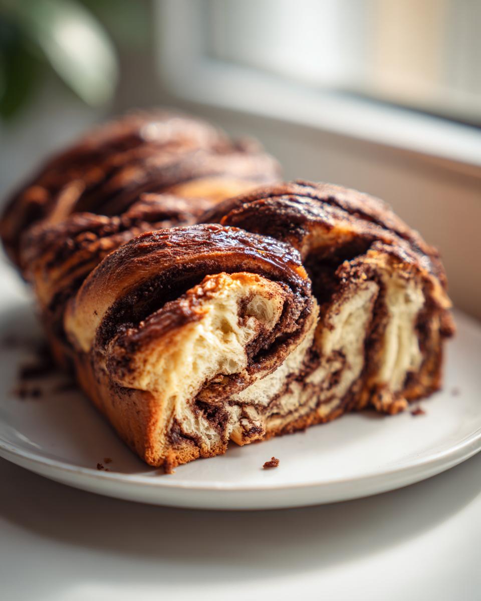 A close-up view of a freshly baked chocolate babka loaf, showing its rich, swirled chocolate filling and soft interior.